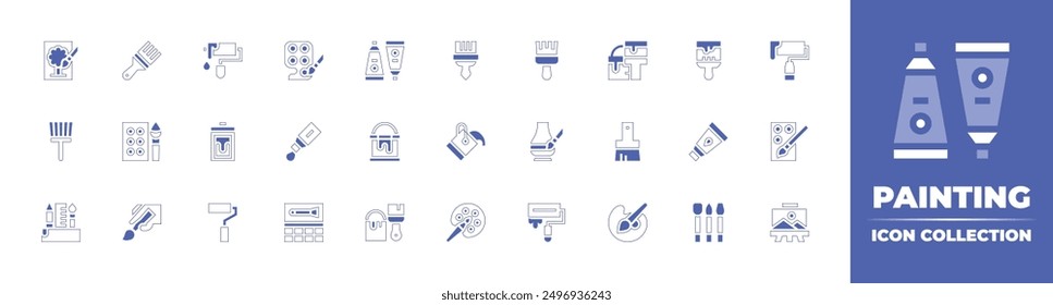 Painting icon collection. Duotone style line stroke and bold. Vector illustration. Containing paint, brush, paintbrush, acrylic, watercolor, pencilcase, paintpalette, paintroller, painting.