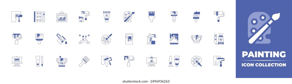 Painting icon collection. Duotone style line stroke and bold. Vector illustration. Containing paintbrush, painting, watercolors, paintingpalette, painttube, paintroller, paintbucket.