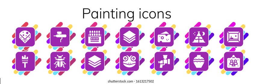 painting icon set. 14 filled painting icons.  Simple modern icons such as: Cheese, Painting brush, Airbrush, Beetle, Colored pencils, Layers, Frog, Tent, Pottery, Picture frames