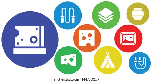 painting icon set. 9 filled painting icons.  Collection Of - Cheese, Jumping rope, Layers, Tent, Painting, Pottery, Skip rope