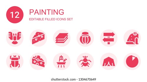 painting icon set. Collection of 12 filled painting icons included Deformity, Cheese, Layers, Pottery, Sign Post, Beetle, Easel, Tent, Frog