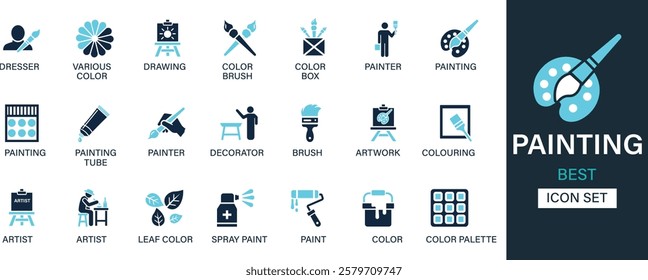 Painting icon set collection. Dresser, various, drawing, color brush, color, box, painter, painting, decorator, brush, artwork and best solid icon set.