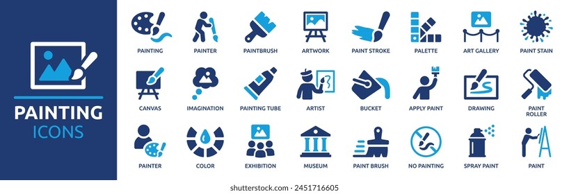 Painting icon set. Containing paint, artwork, paintbrush, artist, museum, painter, art gallery, paint stroke and more. Solid vector icons collection.