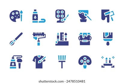 Painting icon set. Duotone color. Vector illustration. Containing tshirt, painting, pencilcase, painttube, paintpalette, paintbucket, paintbrush, paintroller.