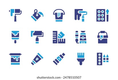 Zeichnen von Symbolsätzen. Zweitonfarbe. Vektorillustration. Enthaltend Paintbucket, Paintroller, Painttube, Paintbrush, Paintingroller, Ölfarbe, Paintwatch.