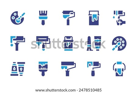 Painting icon set. Duotone color. Vector illustration. Containing paint, paintcan, paintbrush, paintroller, paintbucket, paintpalette, painttube.