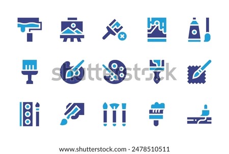 Painting icon set. Duotone color. Vector illustration. Containing nopaintwall, canvas, art, paintroller, paintbrush, paint, paintbucket, paintpalette, painting.