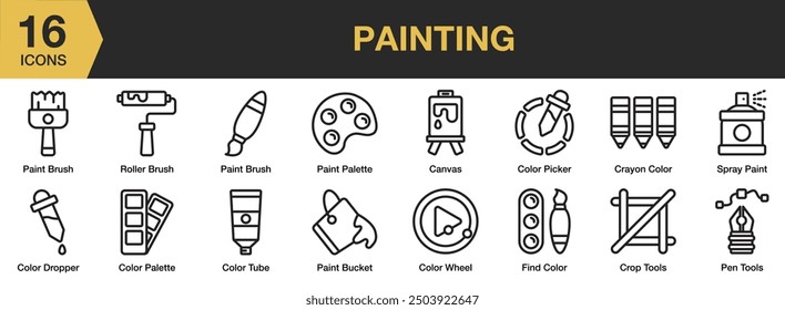 Painting icon set. Includes canvas, colour palette, crayon, paint bucket, paint brush, and More. Outline icons vector collection.