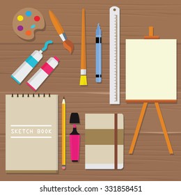 painting icon vector object palette paint tools equipment art brush canvas sketch book oil tube ruler pencil 