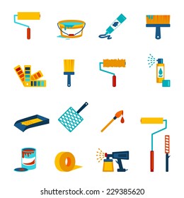 Painting icons flat set with roller bucket brush swatch isolated vector illustration