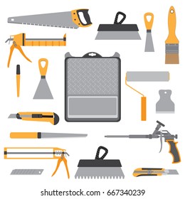 Painting icons flat set with roller bucket brush swatch isolated vector illustration.