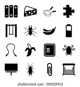 painting icons set. Set of 16 painting filled icons such as beetle, atm, puzzle, jump rope, Banana, board, swing, banana, cheese, battery, skipping rope