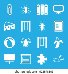 Painting icons set. set of 16 painting filled icons such as beetle, atm, board, puzzle, jump rope, swing, banana, cheese, beach ball, battery