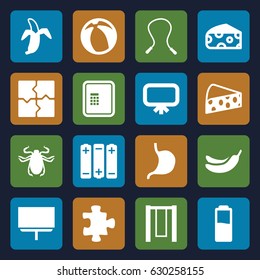 Painting icons set. set of 16 painting filled icons such as cheese, beetle, atm, board, puzzle, banana, stomach, banana, beach ball, battery, skipping rope