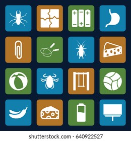 Painting icons set. set of 16 painting filled icons such as cheese, beetle, jump rope, banana, puzzle, board, swing, stomach, beach ball, battery