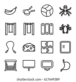 Painting icons set. set of 16 painting outline icons such as atm, beetle, cheese, board, jump rope, Banana, puzzle, swing, stomach, beach ball, battery