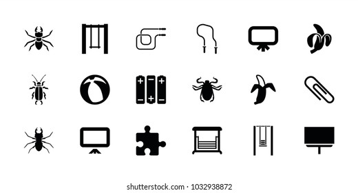 Painting icons. set of 18 editable filled painting icons: beetle, board, swing, banana, beach ball, battery, puzzle, jump rope, paper clip