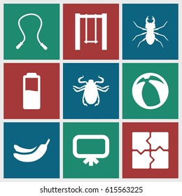 Painting icons set. set of 9 painting filled icons such as beetle, board, Banana, puzzle, swing, beach ball, battery