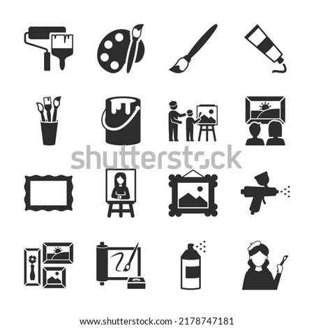Painting icons set. Drawing tools and equipment. Brushes and paints. Monochrome black and white icon. Objects collection