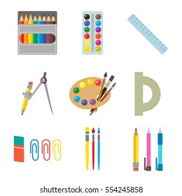 painting icons set. Flat 9 stationery illustration vector icons for websites is insulated on white background. easy to use