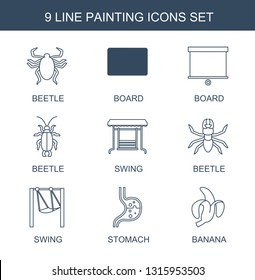 painting icons. Trendy 9 painting icons. Contain icons such as beetle, board, swing, stomach, banana. painting icon for web and mobile.