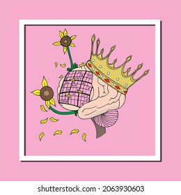 painting illustration brain with a queen's crown, with fallen sunflowers on a pink background