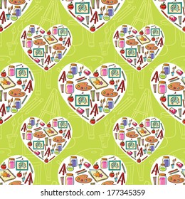 Painting and illustration supplies pattern background. Seamless school texture.