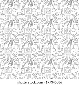 Painting and illustration supplies pattern background. Seamless school texture.