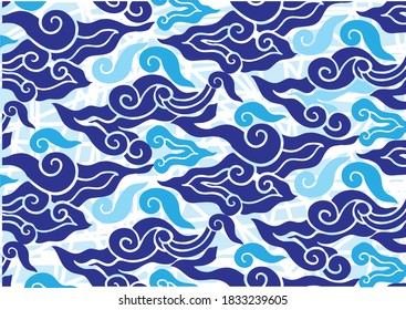 Painting of Indonesian Javanese batik cloth, seamless line pattern, megamendung motif, with various artistic colors