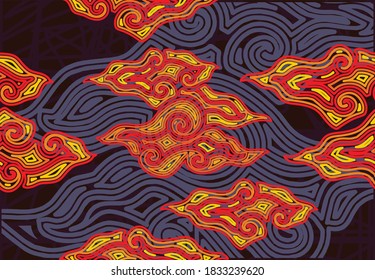 Painting of Indonesian Javanese batik cloth, seamless line pattern, megamendung motif, with various artistic colors