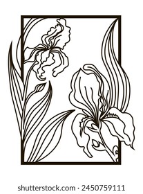 Painting of irises in the style of a line in black. File for cutting. Panels for the interior in the loft style.  Stock vector illustration isolated on a white background