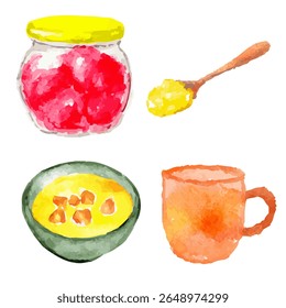 a painting of a jar of jelly, a bowl of jelly, and a spoon
