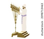 A painting of a Jewish priest dressed in ancient priestly garments. Light the candles in the golden lamp of the Holy Temple of King Solomon. In Jerusalem. Color vector. White background. Isolated