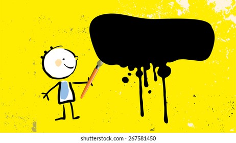 Painting kid, little artist with brush and paint, black ink splash, splatter, on yellow colored grunge background. Educational vector illustration.