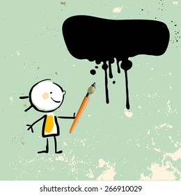 Painting kid, little artist girl with brush and paint, black ink splash, splatter, on colored grunge background. 