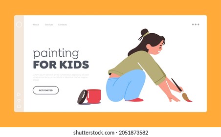 Painting for Kids Landing Page Template. Squatting Girl Drawing. Kids Painting Concept with Little Child Character Holding Paint Brush Create Pictures on Paper or Asphalt. Cartoon Vector Illustration