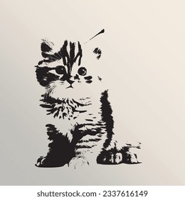 a painting of a kitten with a strong expression against a bright patterned background