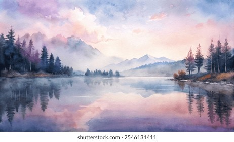 A painting of a lake with mountains in the background. The sky is pink and purple, and the water is calm. The painting evokes a sense of peace and tranquility