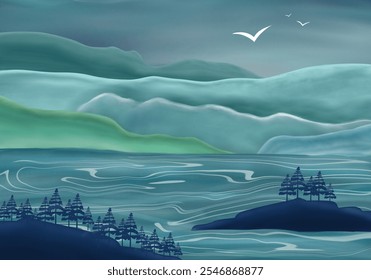 a painting of a landscape with a lake and a forest in the background