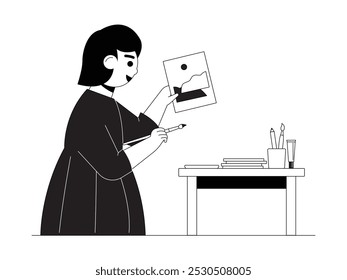 Painting landscape on canvas using water paint and brush, craft vector illustration.