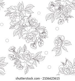 Pintado de hojas y flores, patrón ininterrumpido. Versión en blanco y negro, adecuada para colorear