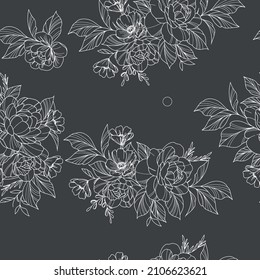 Painting of leaf and flowers, seamless pattern. Black and white version, suitable for coloring