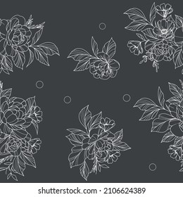 Painting of leaf and flowers, seamless pattern. Black and white version, suitable for coloring