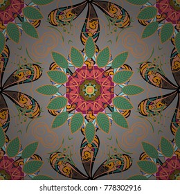 Painting of leaf and flowers, seamless pattern on gray, orange and green colors. Vector illustration.