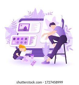 Pintura de cursos de aprendizaje ilustración vectorial. Servicio en línea para cursos de pintura con pintura masculina y de niñas.