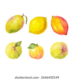 a painting of lemons and apples on a white background
