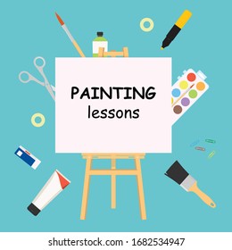 Painting lessons. Easel for painting workshop. Paint artists workspace concept, vector painter worker artistic design studio canvas and picture image materials, painting background