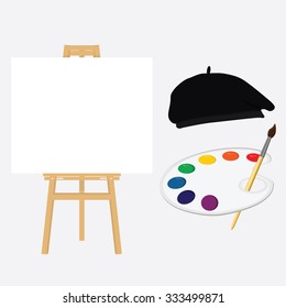 Painting lessons or school concept. Easel and painter in painter hat holding paint palette.