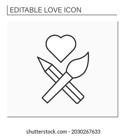 Painting line icon. Brush and pencil crossed, Heart sign. Romantic interpretation. Love concept. Isolated vector illustration. Editable stroke