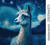 A painting of a llama with the starry night sky behind it. Vector illustration that parodies Van Gogh